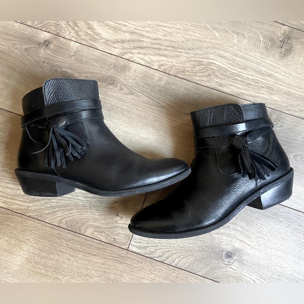 Genuine Leather Black booties- tassel strap decor. Comfort heel. Sofft brand